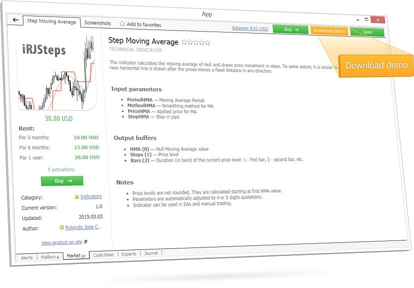 En MetaTrader Market cada robot comercial o indicador tiene una versión de demostración gratuita En MetaTrader Market cada robot comercial o indicador tiene una versión de demostración gratuita